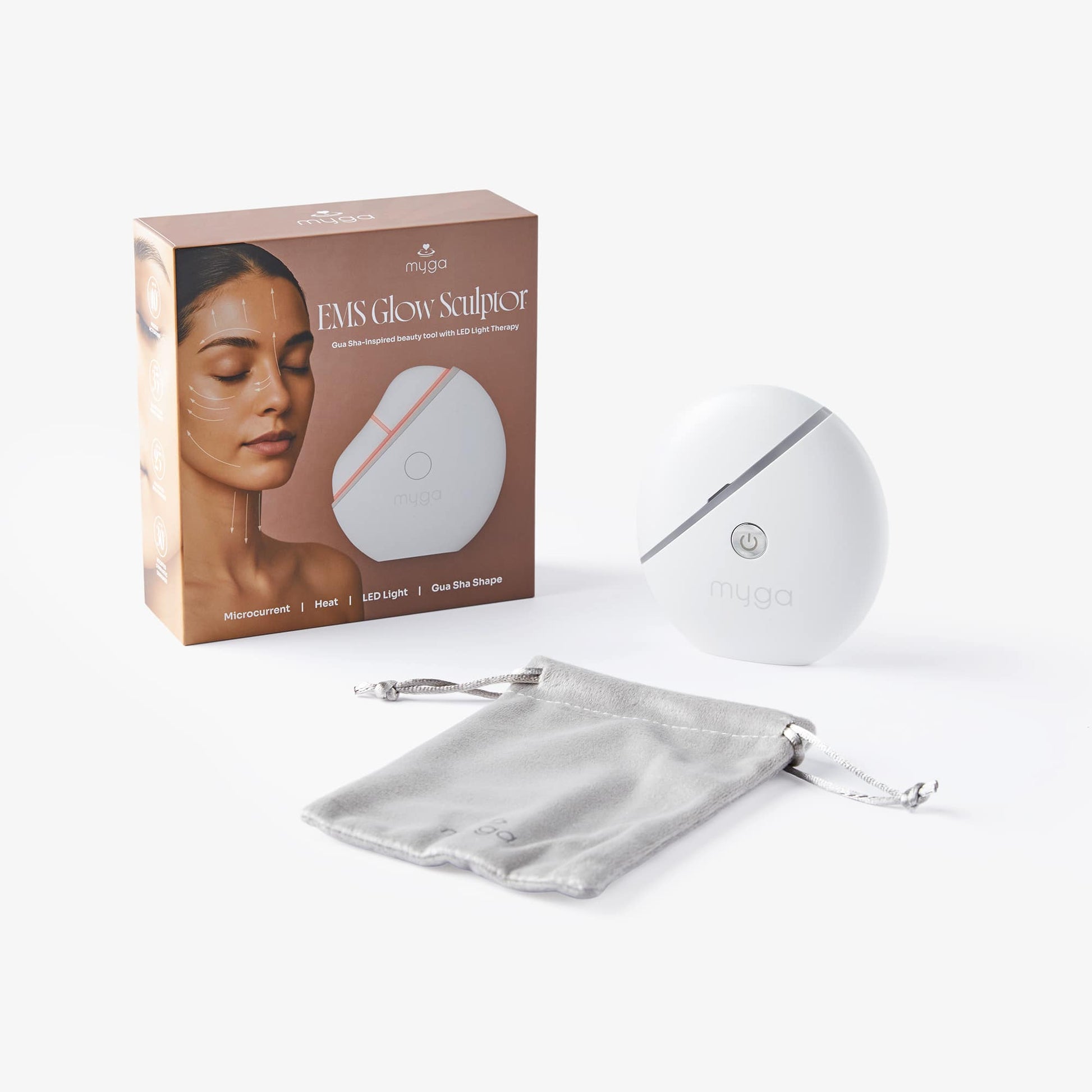 MUA EMS Glow Sculptor with packaging and pouch on a white background